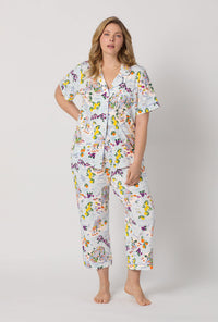A lady wearing plus size Blue Short Sleeve Classic Stretch Jersey Cropped Pj Set front view