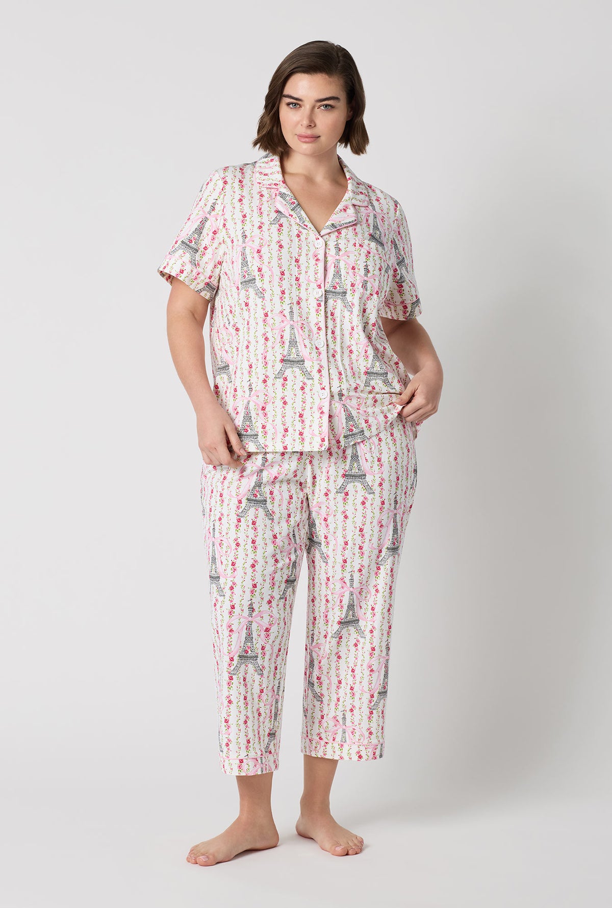 A Lady Wearing Plus Size Fleur De La Tour Short Sleeve Classic Stretch Jersey Cropped Pj Set