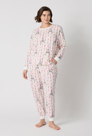 A Lady Wearing Plus Size Fleur De La Tour Long Sleeve Pullover Crew And Jogger Stretch Jersey Pj Set
