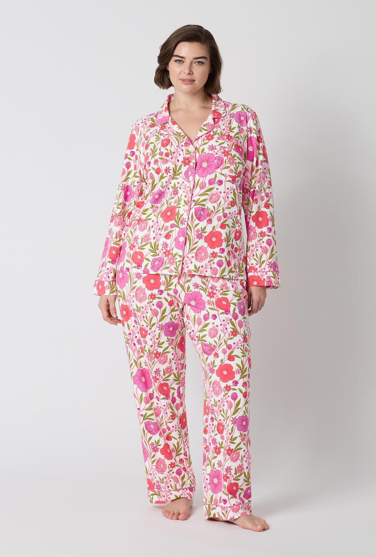 A Lady Wearing Plus Size Josephine Long Sleeve Classic Stretch Jersey Pj Set facing front in a standing pose