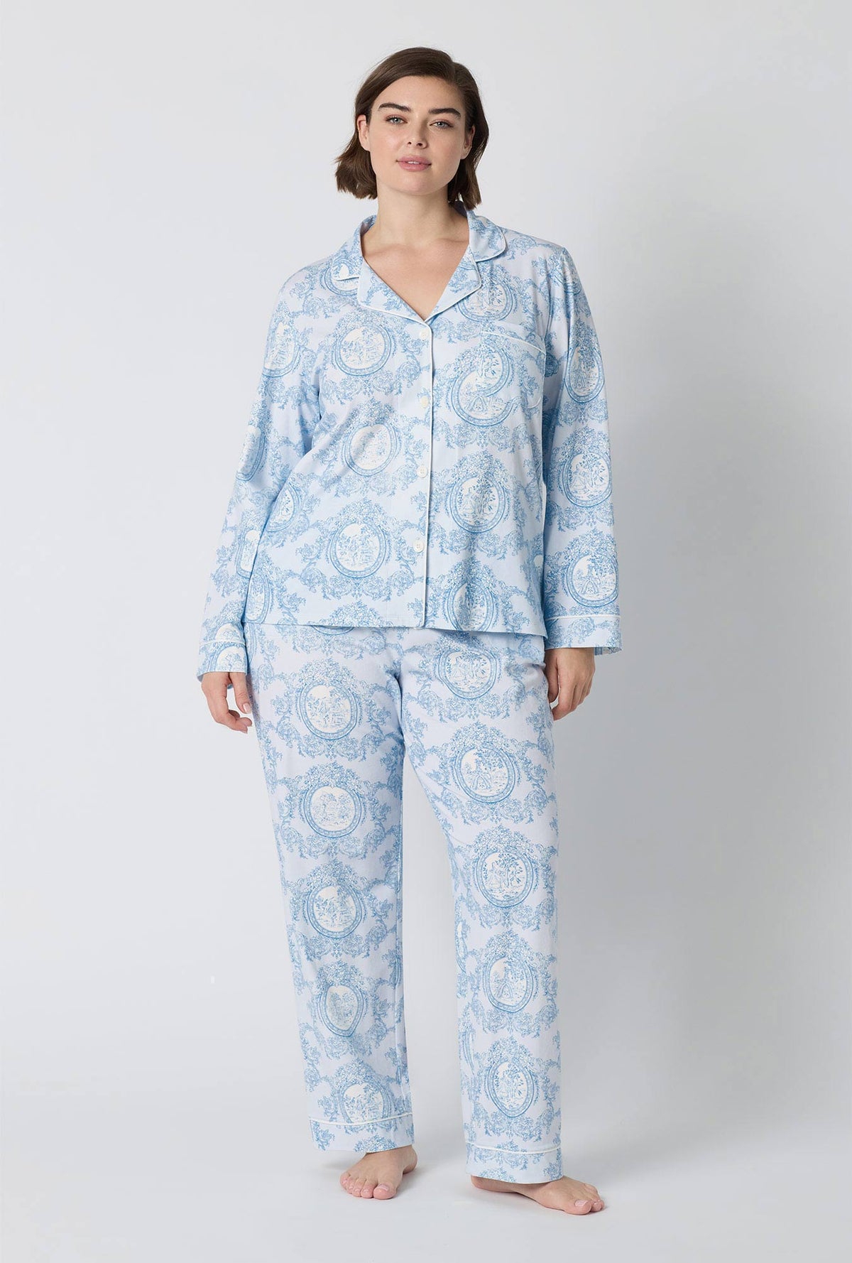 A Lady Wearing Plus Size Minuet Toile Long Sleeve Classic Stretch Jersey Pj Set
