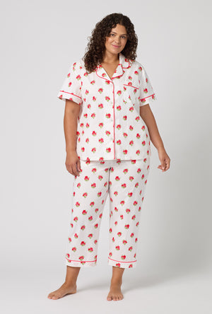 A Lady Wearing Plus Size Celeste Short Sleeve Classic Woven Supersoft Cotton Poplin Cropped Pj Set in a front view pose