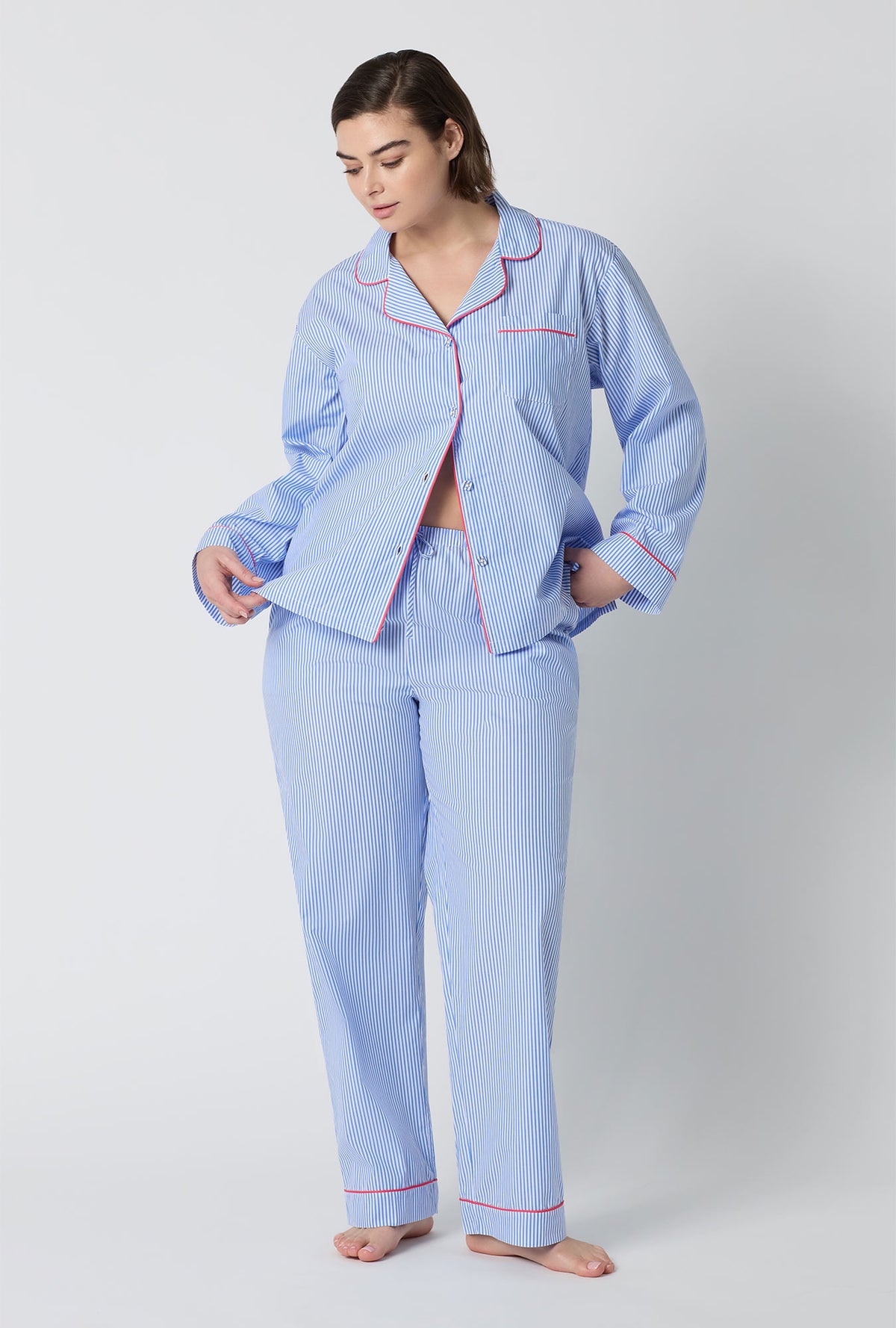 A Lady Wearing  Plus Size French Stripe Long Sleeve Classic Woven Supersoft Cotton Poplin Pj Set