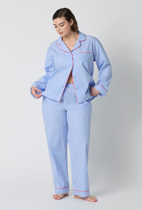 A Lady Wearing  Plus Size French Stripe Long Sleeve Classic Woven Supersoft Cotton Poplin Pj Set