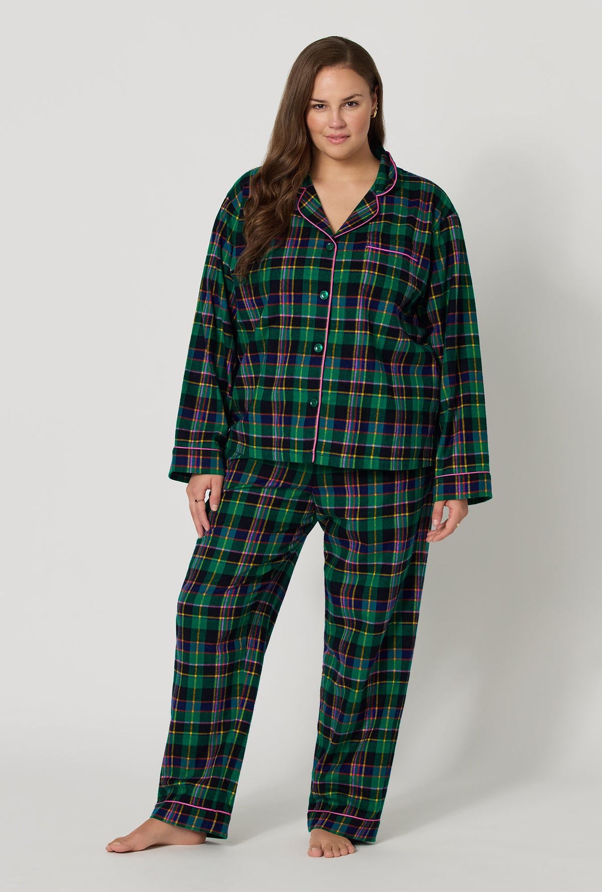 A lady wearing plus size Winter Plaid Long Sleeve Classic Woven Portuguese Flannel Pj Set