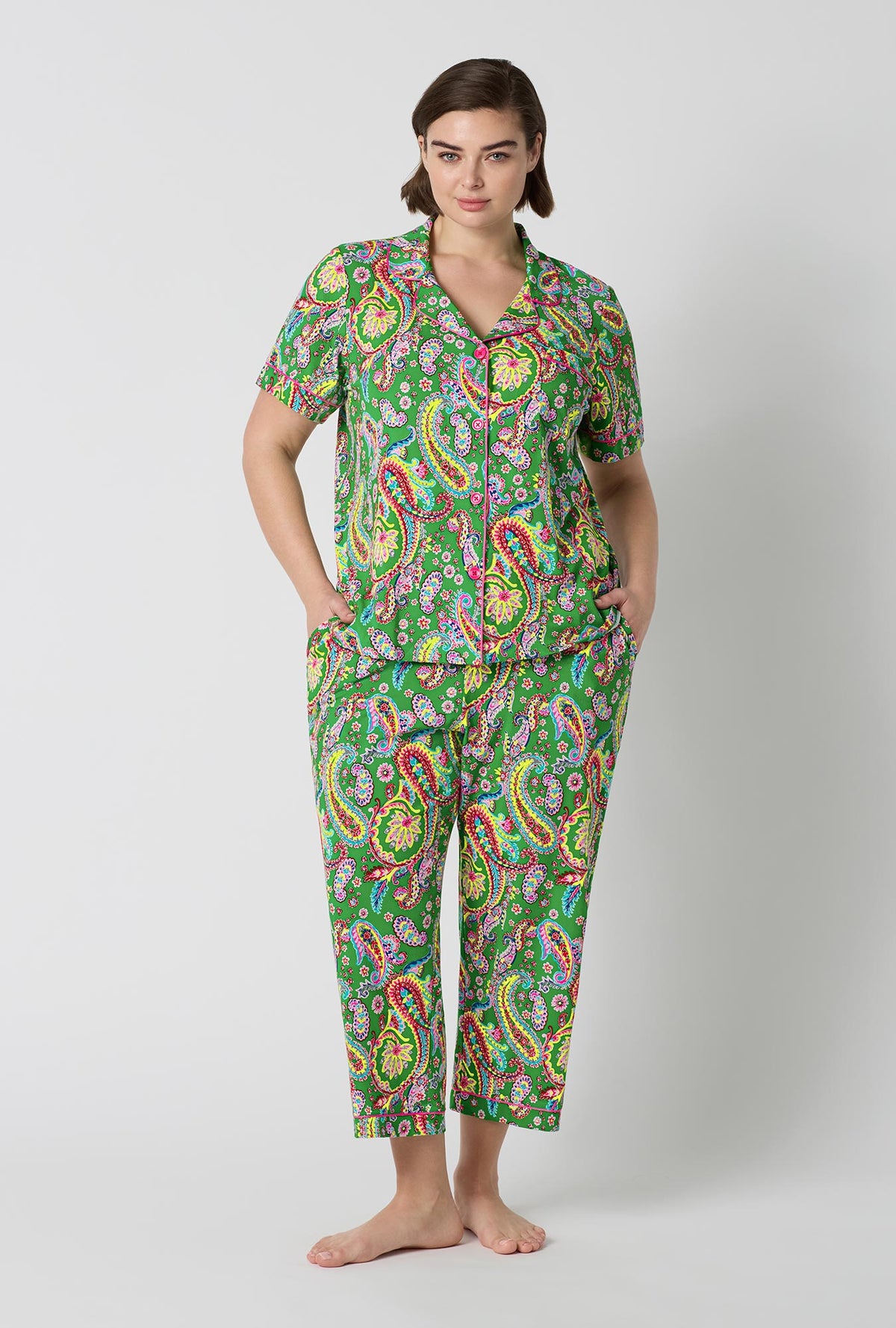 A Lady Wearing Plus Size Sultana Short Sleeve Classic Stretch Jersey Cropped Pj Set