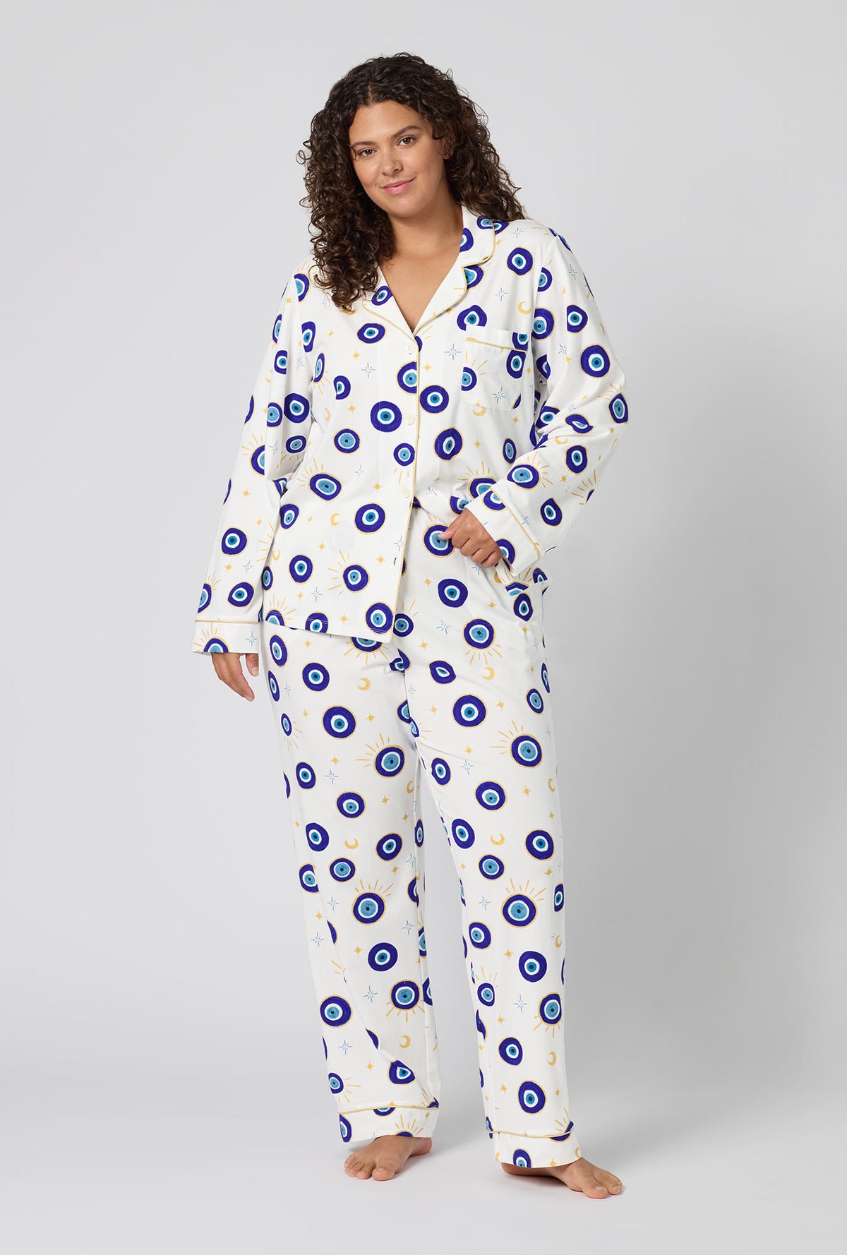 A Women Wearing Plus Size Eyeconic Long Sleeve Classic Stretch Jersey Pj Set