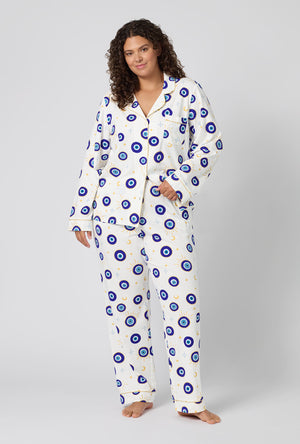A Women Wearing Plus Size Eyeconic Long Sleeve Classic Stretch Jersey Pj Set