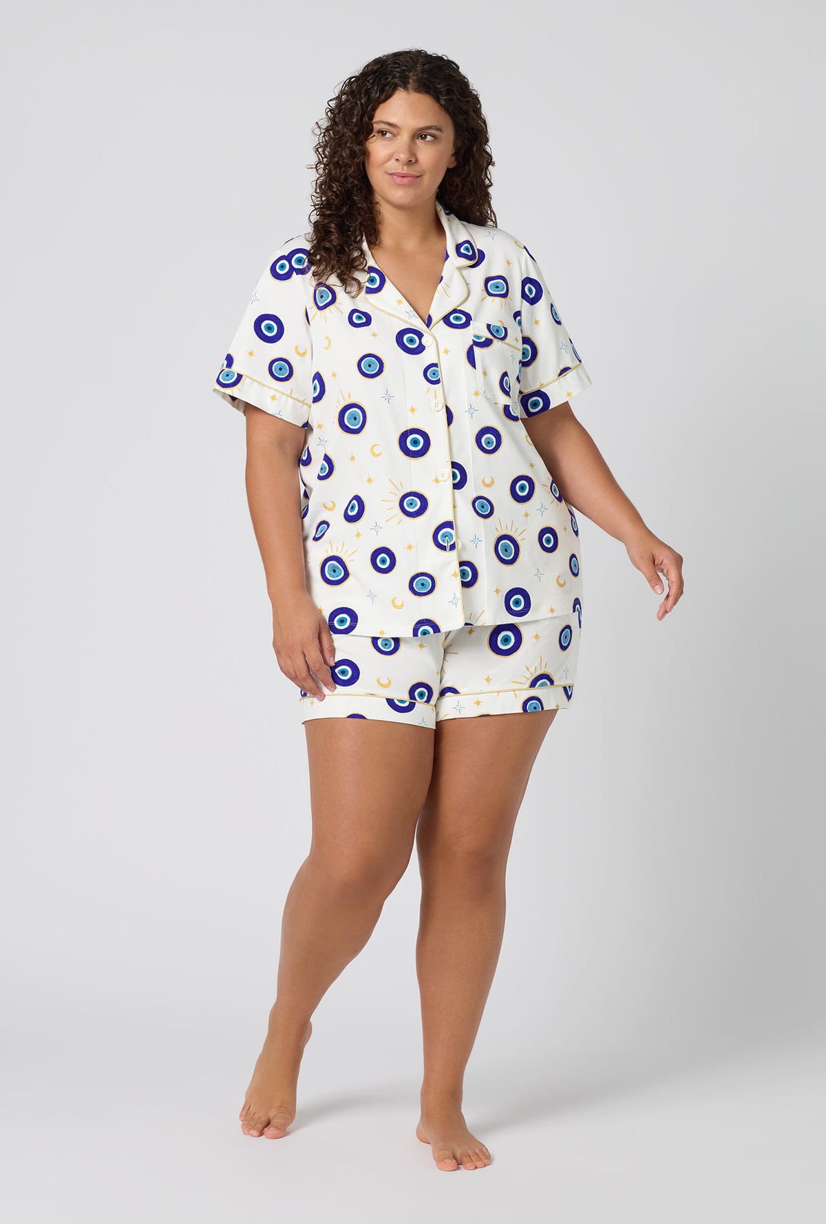A Lady Wearing Plus Size Eyeconic Short Sleeve Classic Shorty Stretch Jersey Pj Set