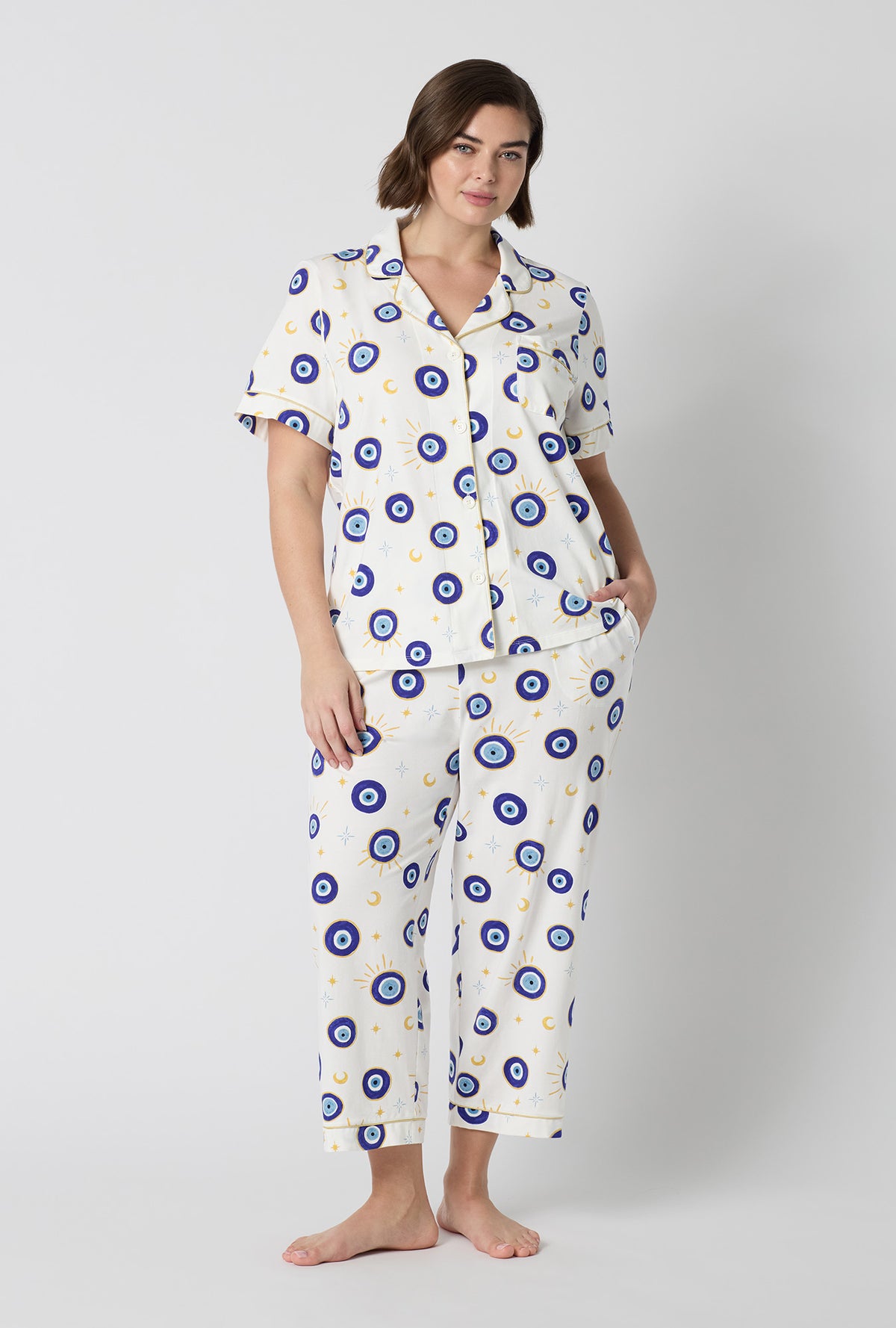A Lady Wearing Plus Size Eyeconic Short Sleeve Classic Stretch Jersey Cropped Pj Set
