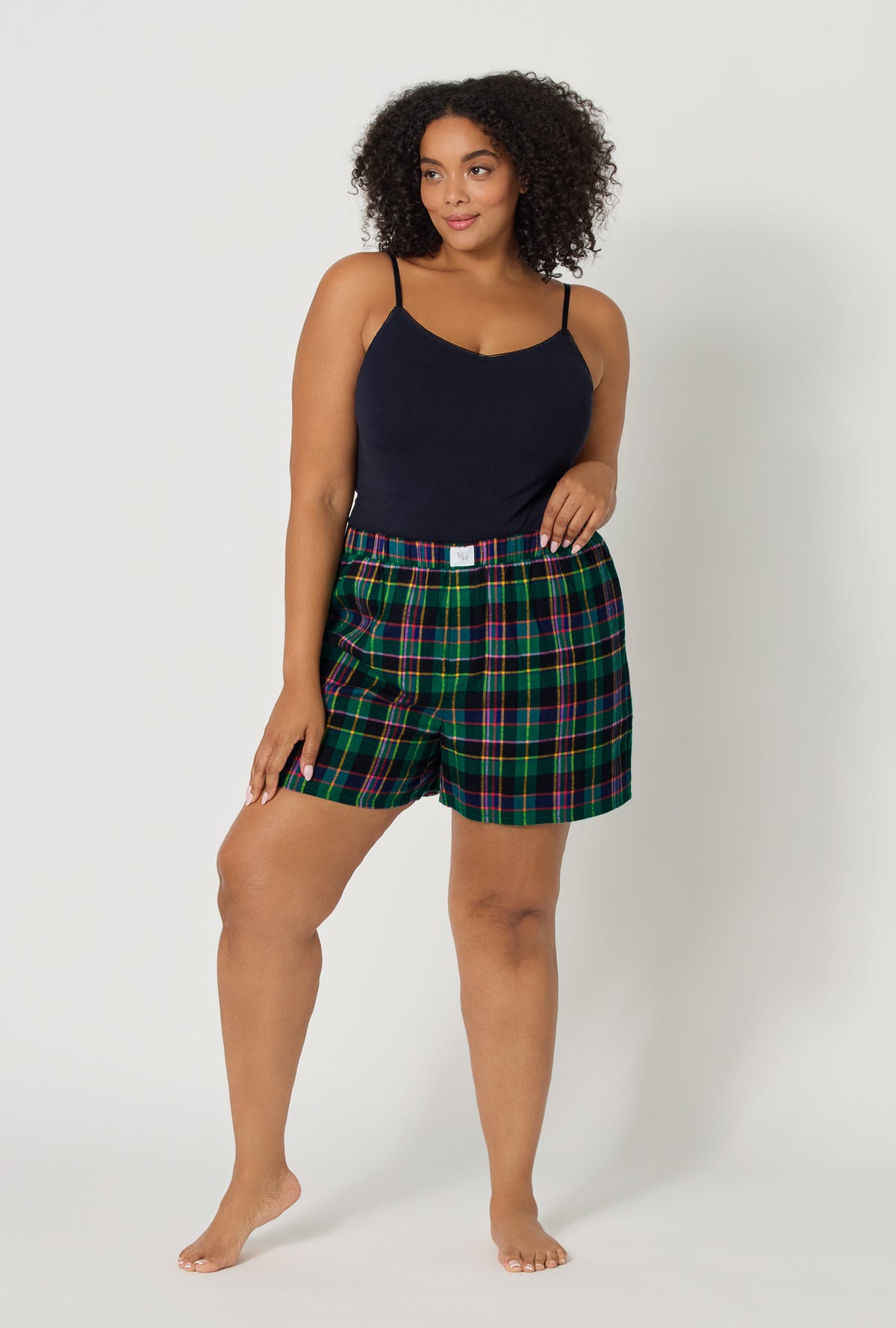 A lady wearing plus size Winter Plaid Woven Portuguese Flannel Boxer Short