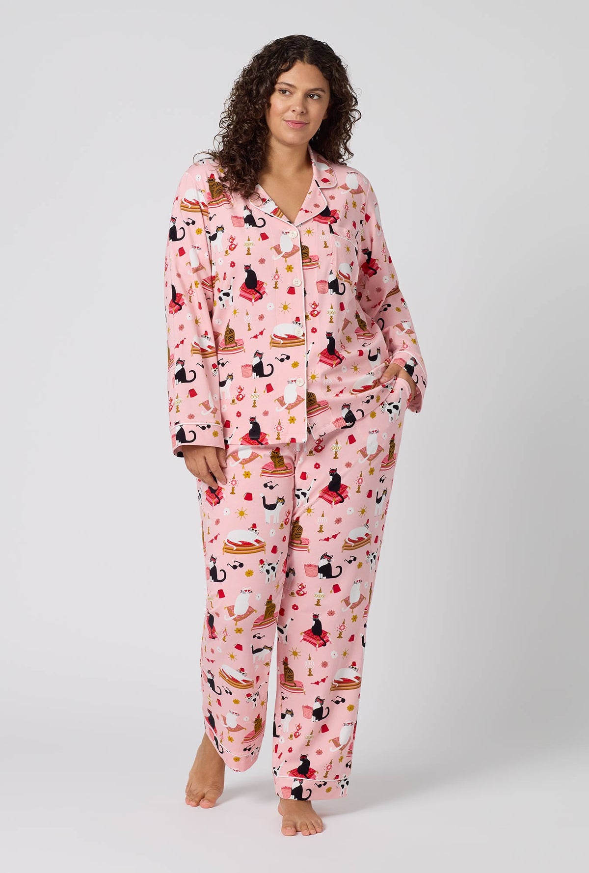 A Lady Wearing Plus Size Bazaar Cats Long Sleeve Classic Stretch Jersey Pj Set