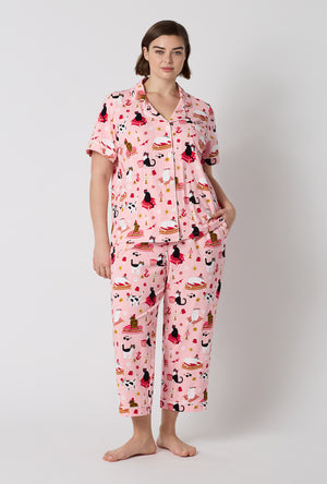 A Lady Wearing Plus Size Bazaar Cats Short Sleeve Classic Stretch Jersey Cropped Pj Set