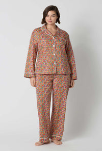 A Lady Wearing Plus Size Nell, Annie, & May Long Sleeve Classic Woven Tana Lawn® Pj Set Made With Liberty Fabrics