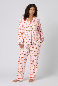 A lady wearing plus size Farm Fresh Long Sleeve Classic Stretch Jersey Pj Set