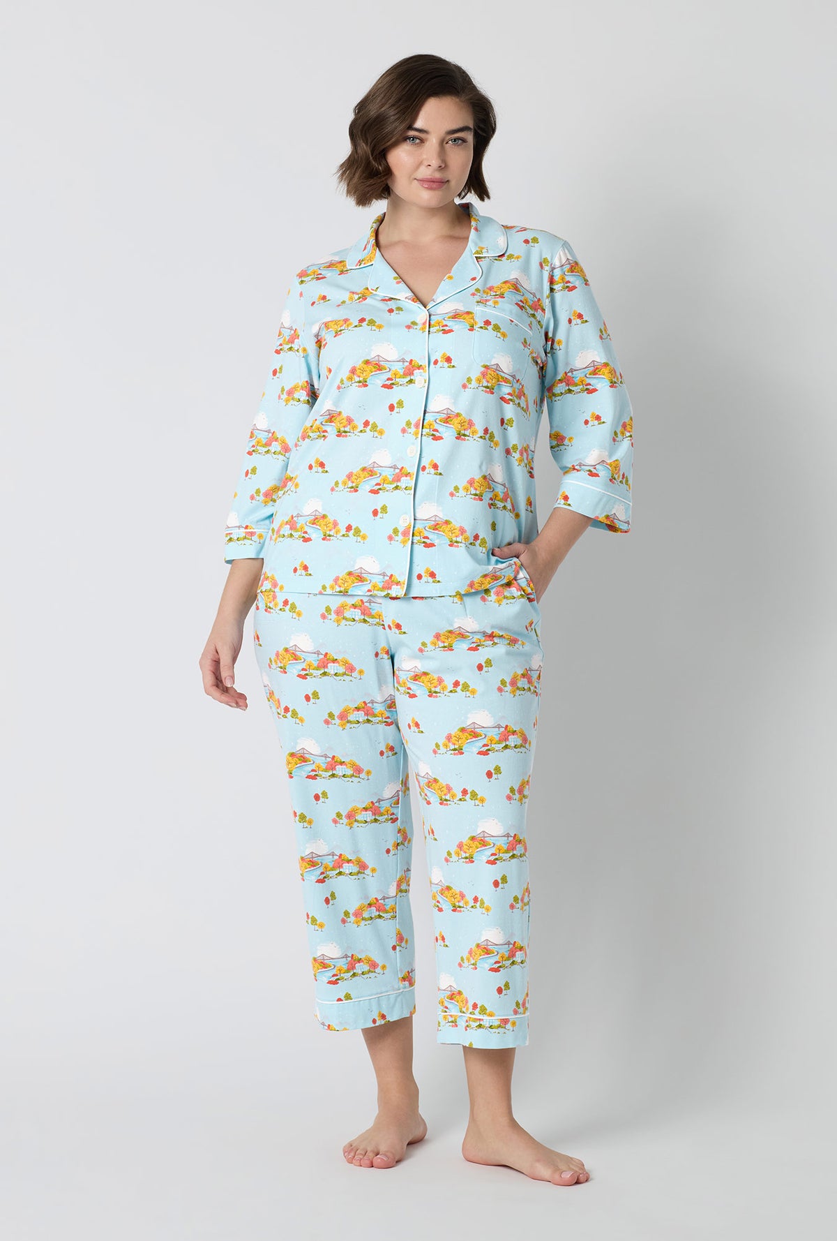 A lady wearing plus size Twilight On The Hudson 3/4 Sleeve Classic Stretch Jersey Cropped Pj Set