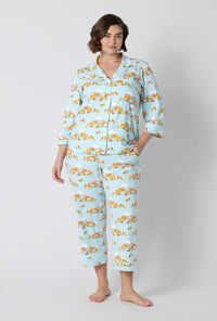 A lady wearing plus size Twilight On The Hudson 3/4 Sleeve Classic Stretch Jersey Cropped Pj Set