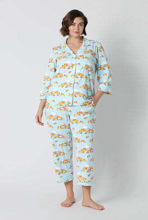 A lady wearing plus size Twilight On The Hudson 3/4 Sleeve Classic Stretch Jersey Cropped Pj Set