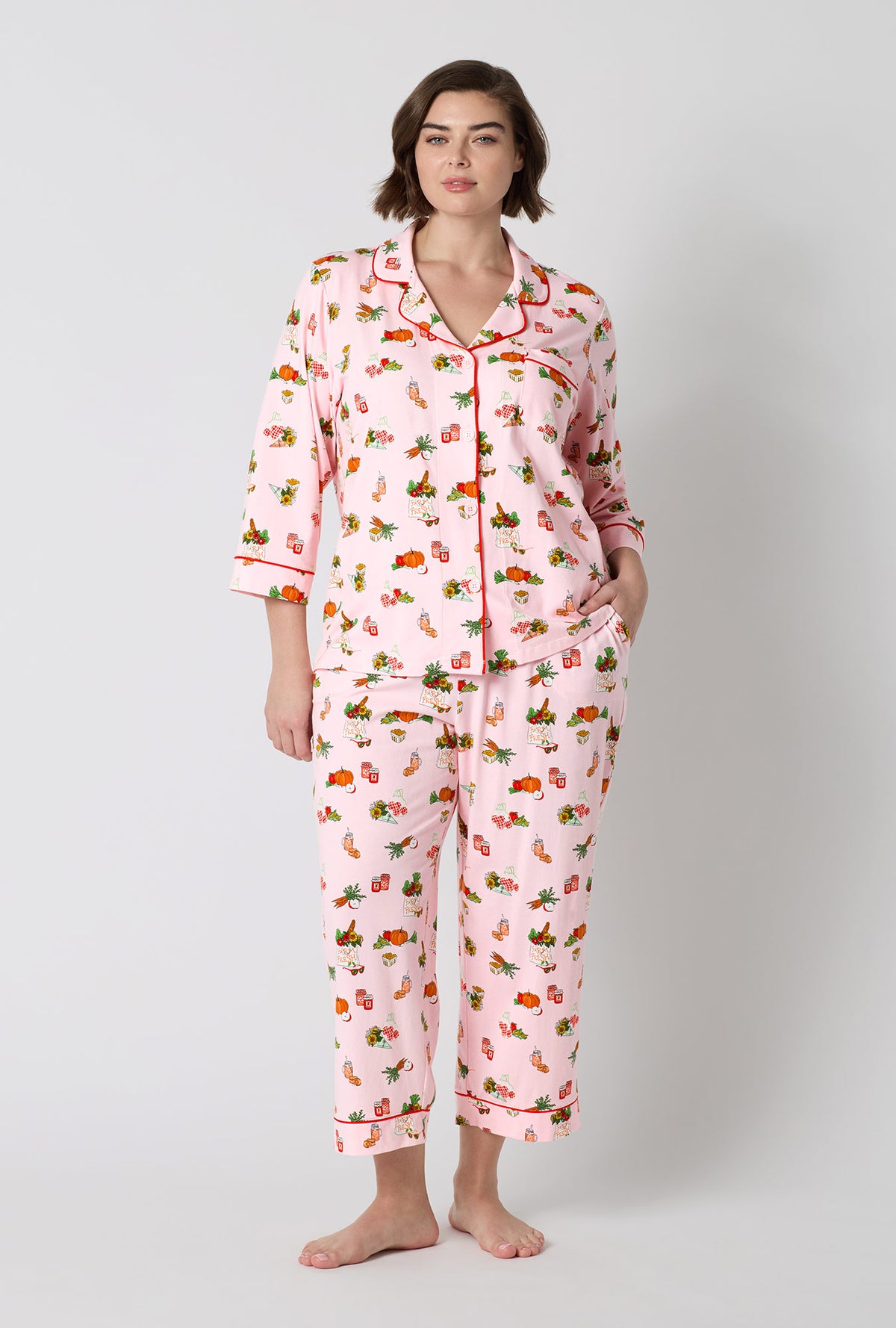 A lady wearing plus size Farm Fresh 3/4 Sleeve Classic Stretch Jersey Cropped Pj Set 