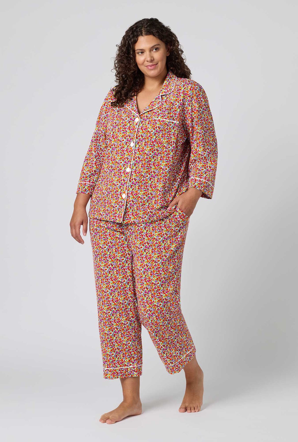 A lady wearing plus size Ditsy Harvest 3/4 Sleeve Classic Stretch Jersey Cropped Pj Set