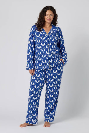 A lady wearing plus size Owl Be Back Long Sleeve Classic Stretch Jersey Pj Set