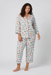 A lady wearing plus size Woodland Wonder 3/4 Sleeve Classic Stretch Jersey Cropped Pj Set