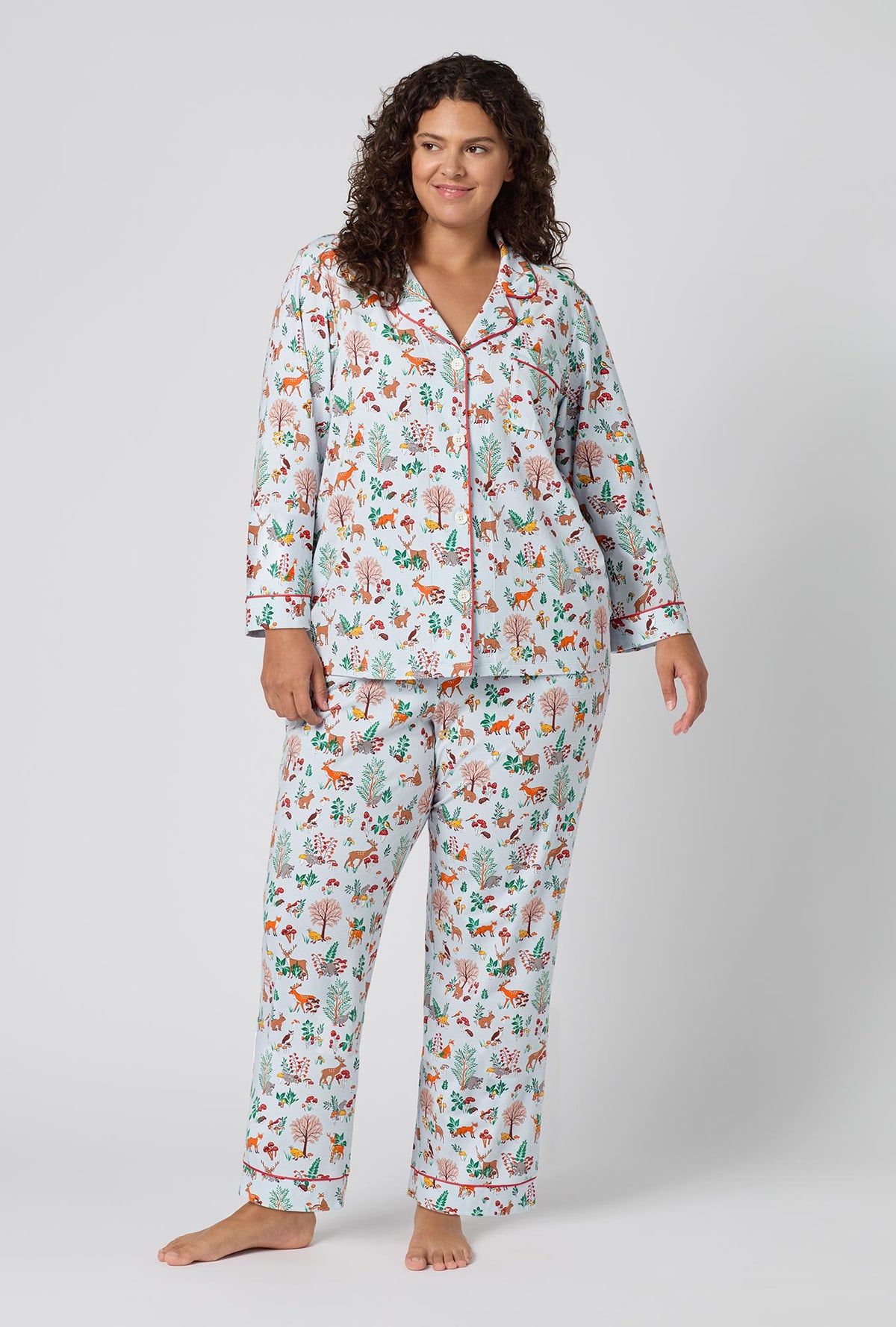 A lady wearing plus size Woodland Wonder Long Sleeve Classic Stretch Jersey Pj Set