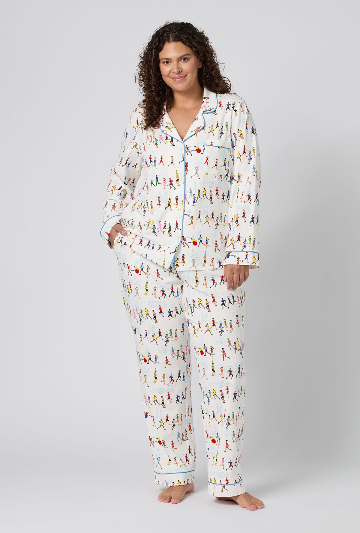 A lady wearing plus size Run NYC Run Long Sleeve Classic Stretch Jersey Pj Set