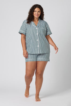 A lady wearing plus size Green Signature Stripe Short Sleeve Classic Woven Cotton Sateen Shorty Pj Set
