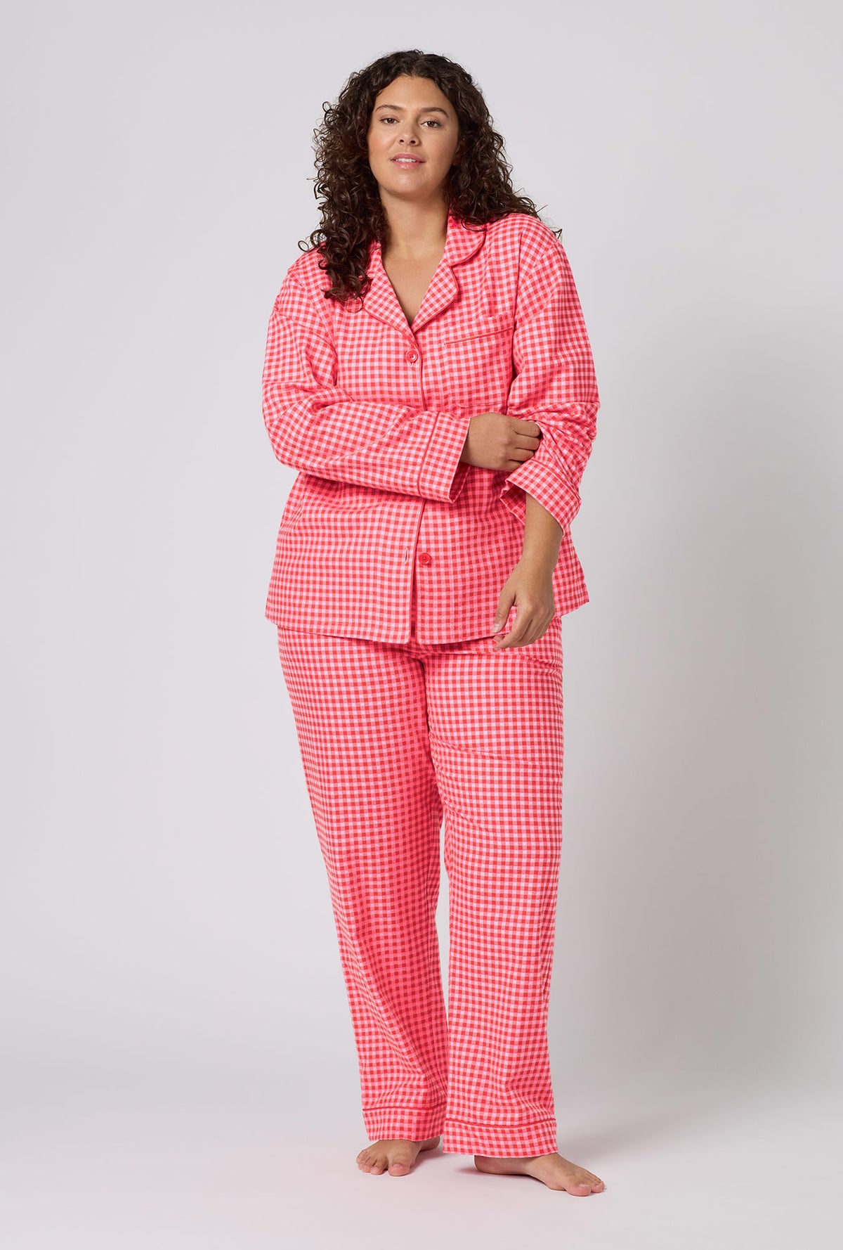 A lady wearing plus size Jane Gingham Long Sleeve Classic Woven Portuguese Flannel Pj Set 