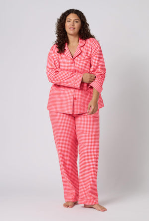 A lady wearing plus size Jane Gingham Long Sleeve Classic Woven Portuguese Flannel Pj Set 