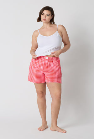 A lady wearing plus size Jane Gingham Woven Portuguese Flannel Boxer Short
