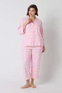 A lady wearing plus size Prairie Plaid 3/4 Sleeve Classic Woven Portuguese Flannel Cropped Pj Set