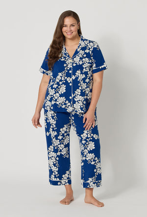 Navy Shadow Blossom Short Sleeve Cropped Stretch Jersey PJ Set