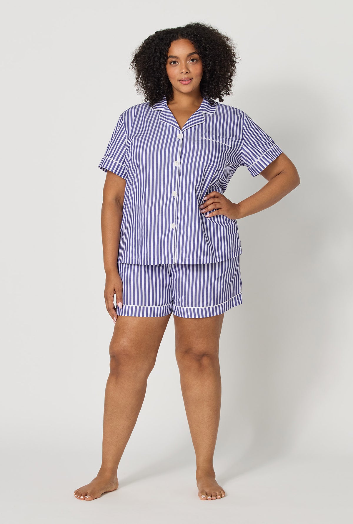 Navy Signature Stripe Short Sleeve Classic Woven Cotton Sateen Shorty PJ Set