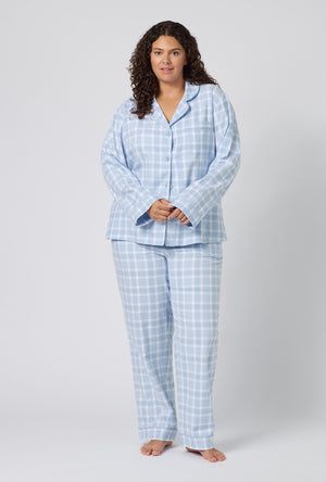 A lady wearing plus size Meadow Haze Plaid Long Sleeve Classic Woven Portuguese Flannel Pj Set 