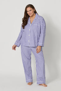 Navy Signature Stripe Long Sleeve Classic Woven Cotton Sateen Long PJ Set