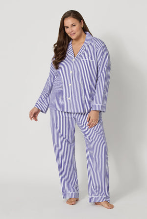 Navy Signature Stripe Long Sleeve Classic Woven Cotton Sateen Long PJ Set