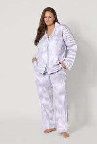 Blue Signature Stripe Long Sleeve Classic Woven Cotton Sateen PJ Set