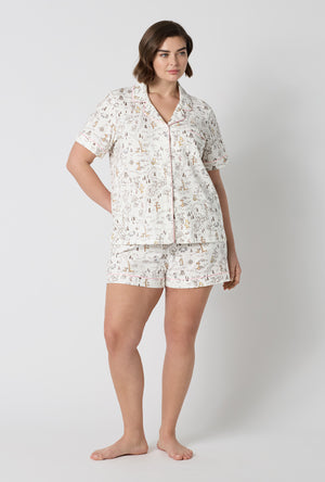 A lady wearing plus size Hundred Acre Toile Short Sleeve Classic Shorty Stretch Jersey Pj Set