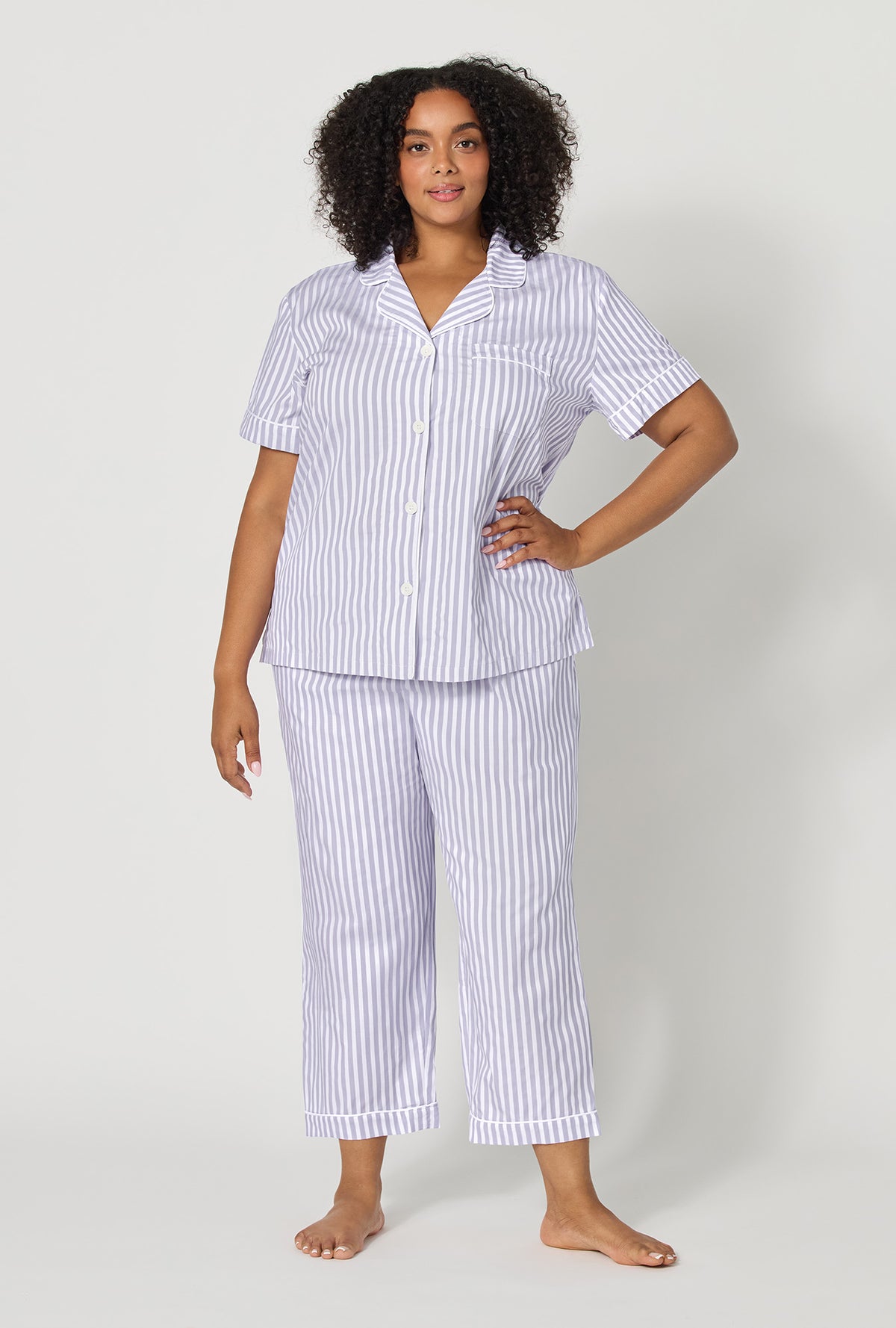 Blue Signature Stripe Short Sleeve Classic Woven Cotton Sateen Cropped Pj Set