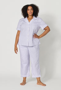 Blue Signature Stripe Short Sleeve Classic Woven Cotton Sateen Cropped Pj Set