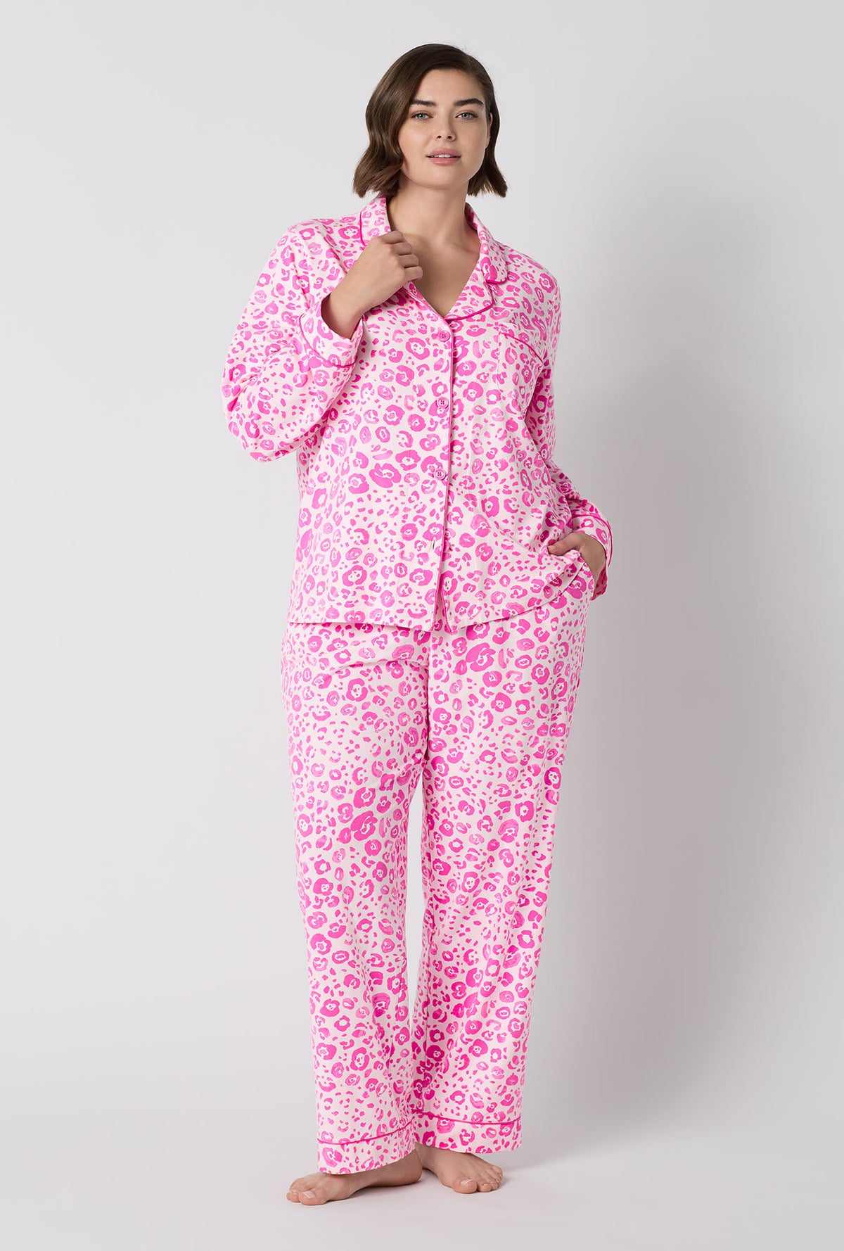 A Lady Wearing Plus Size Valentina Leopard Long Sleeve Classic Stretch Jersey Pj Set