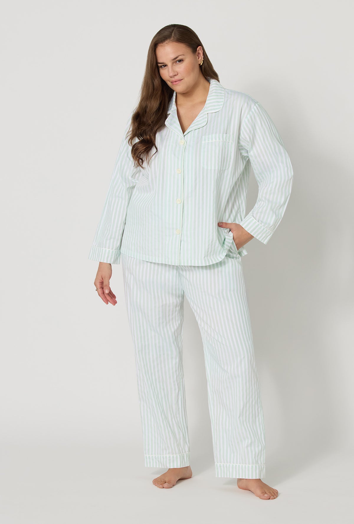 Mint Signature Stripe Long Sleeve Classic Woven Cotton Sateen PJ Set
