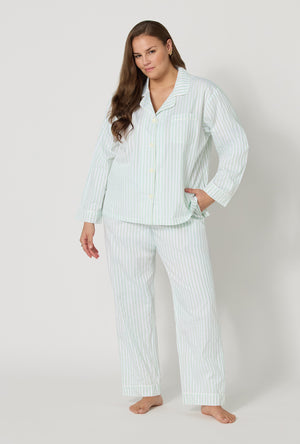 Mint Signature Stripe Long Sleeve Classic Woven Cotton Sateen PJ Set