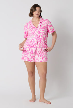 A Lady Wearing Plus Size Valentina Leopard Short Sleeve Classic Shorty Stretch Jersey Pj Set