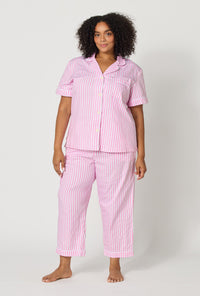 Pink Signature Stripe Short Sleeve Classic Woven Cotton Sateen Cropped Pj Set