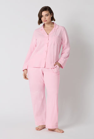 A lady wearing plus size Pink Powder Long Sleeve Classic Stretch Jersey Pj Set