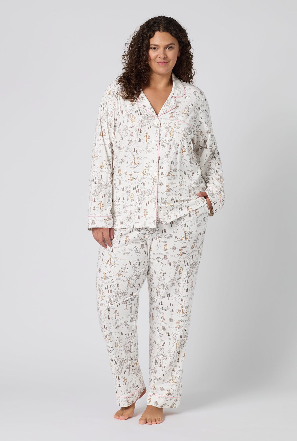A lady wearing plus size Hundred Acre Toile Long Sleeve Classic Stretch Jersey Pj Set