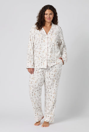 A lady wearing plus size Hundred Acre Toile Long Sleeve Classic Stretch Jersey Pj Set